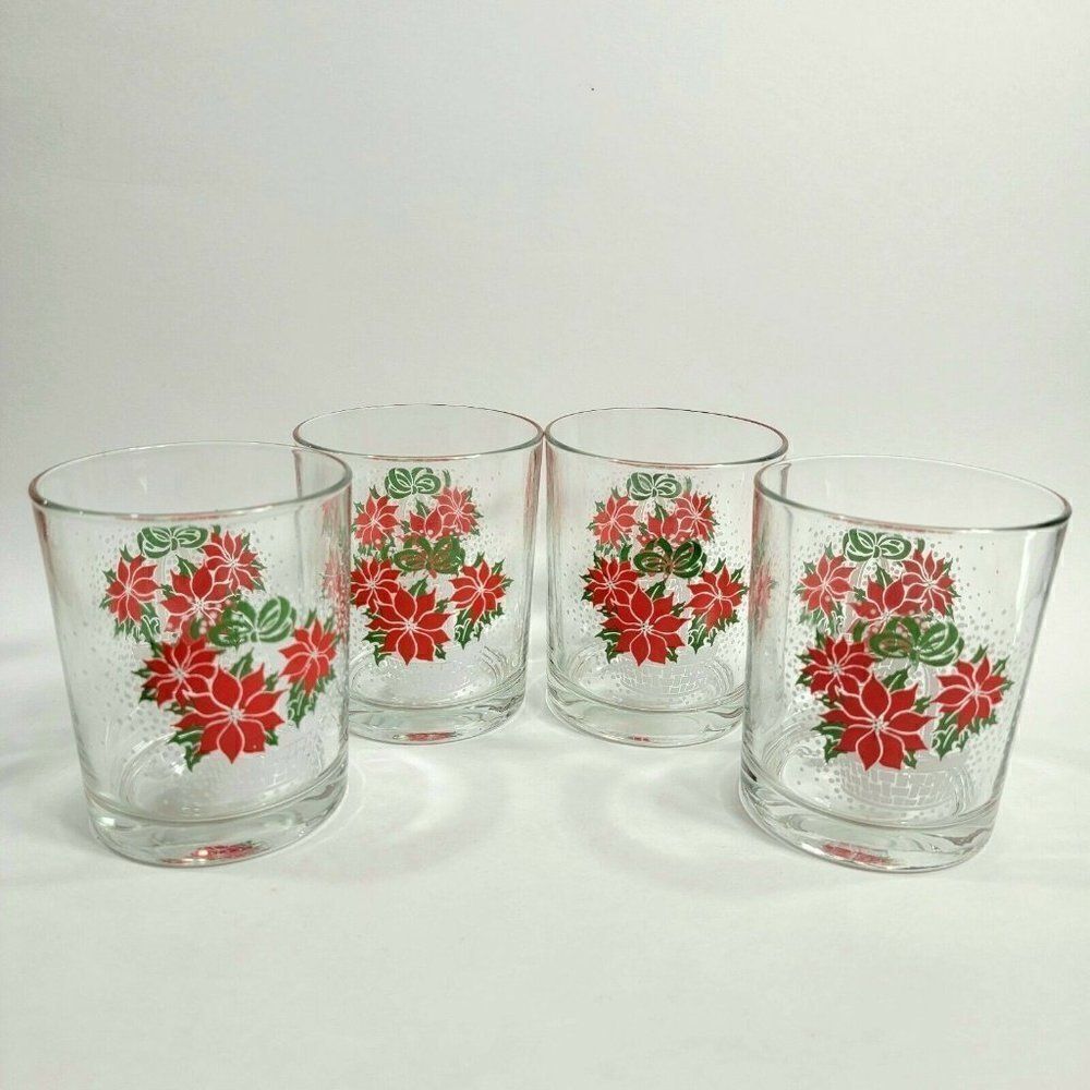 4 - Luminarc Poinsettia‎ Christmas Glasses Holly Snow Flakes White Basket